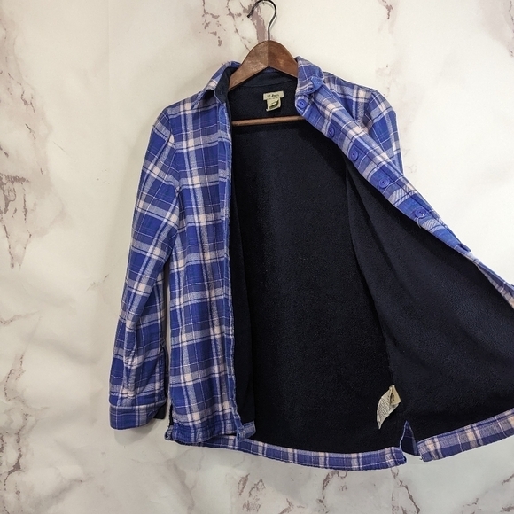 LL Bean Shirt Jacket Size XS Women Purple Plaid Fleece Lined Shacket Oversized - Picture 9 of 14